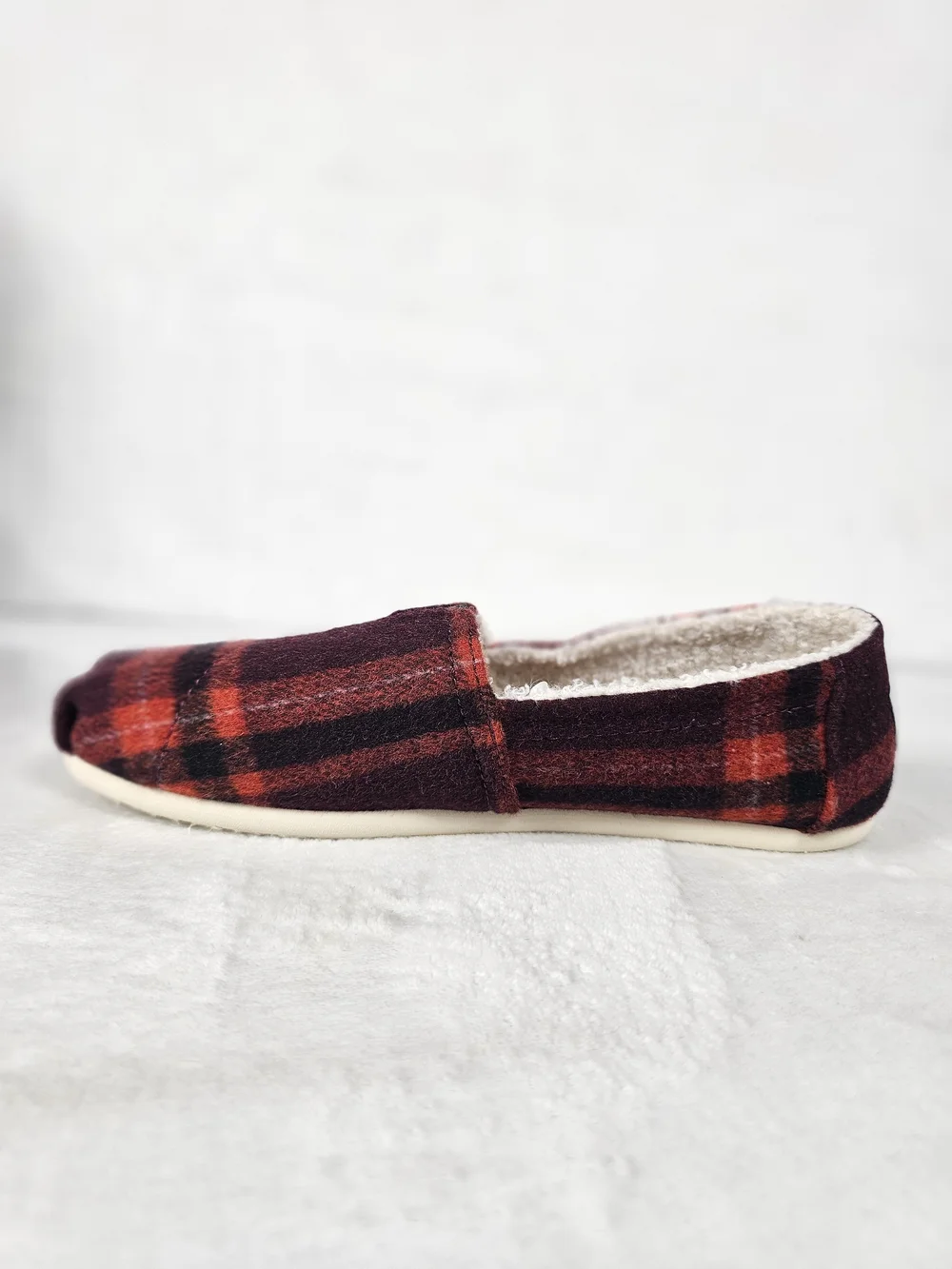 TOMS Alpargata Flat Wool Red Plaid Women's 7.5 Faux Fur Slip On Shoes Boho Cute
